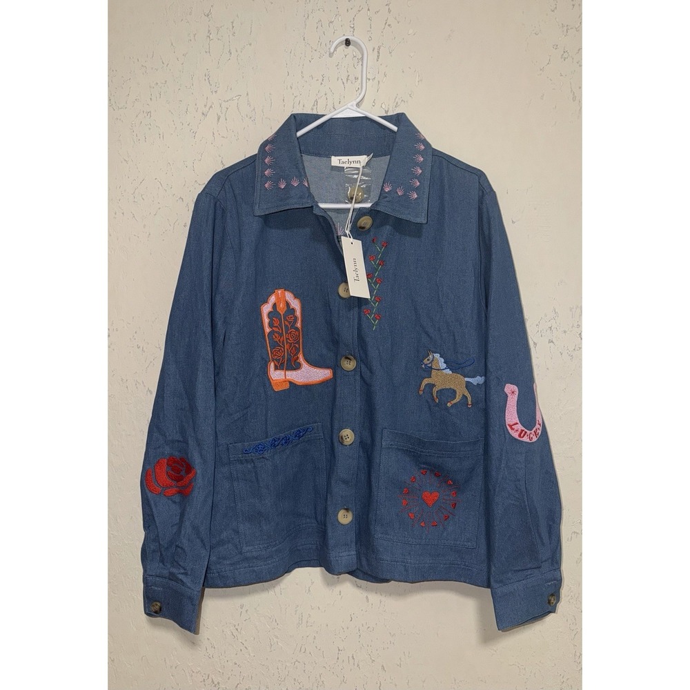 Taelynn Embroidered Denim Jacket Western Cowboy Boho Floral Horse Large NEW